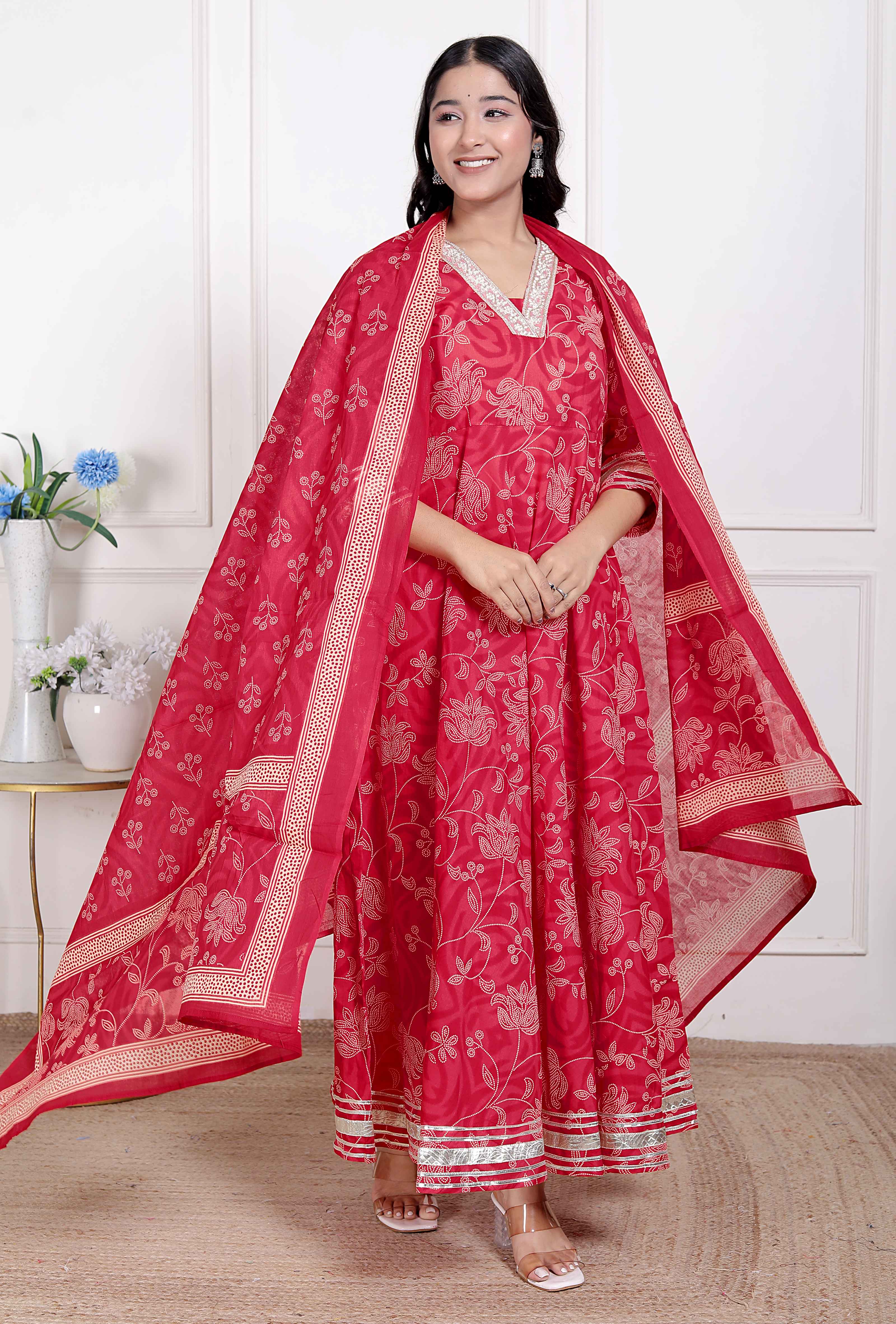 Elegant Red Embroidered Cotton Anarkali Kurta with Dupatta